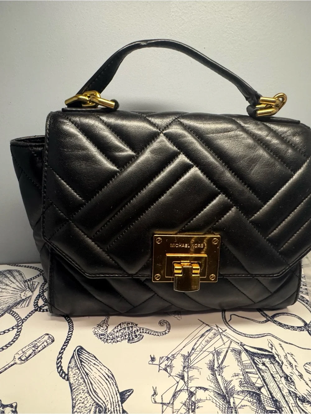 Michael Kors Quilted Black Leather Satchel with Gold Hardware